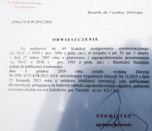 Obwieszczenie Burmistrza Nasielska dot. decyzji lokalizacji celu publicznego dla wysypiska w Jaskółowie