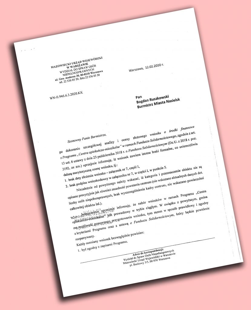 Wniosek na dofinansowanie budynku w Nunie - pismo do Burmistrza gminy Nasielsk